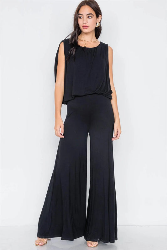 Black Mock Cape Scoop Neck Jumpsuit / 1-1-1-1 - Tasha Apparel Wholesale