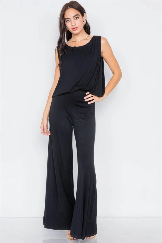 Black Mock Cape Scoop Neck Jumpsuit / 2-2-2 - Tasha Apparel Wholesale