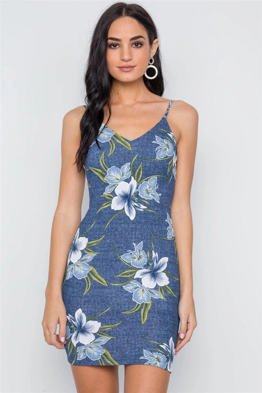 Denim Blue Tropical Floral Cami Bodycon Mini Dress /2-2-2 - Tasha Apparel Wholesale