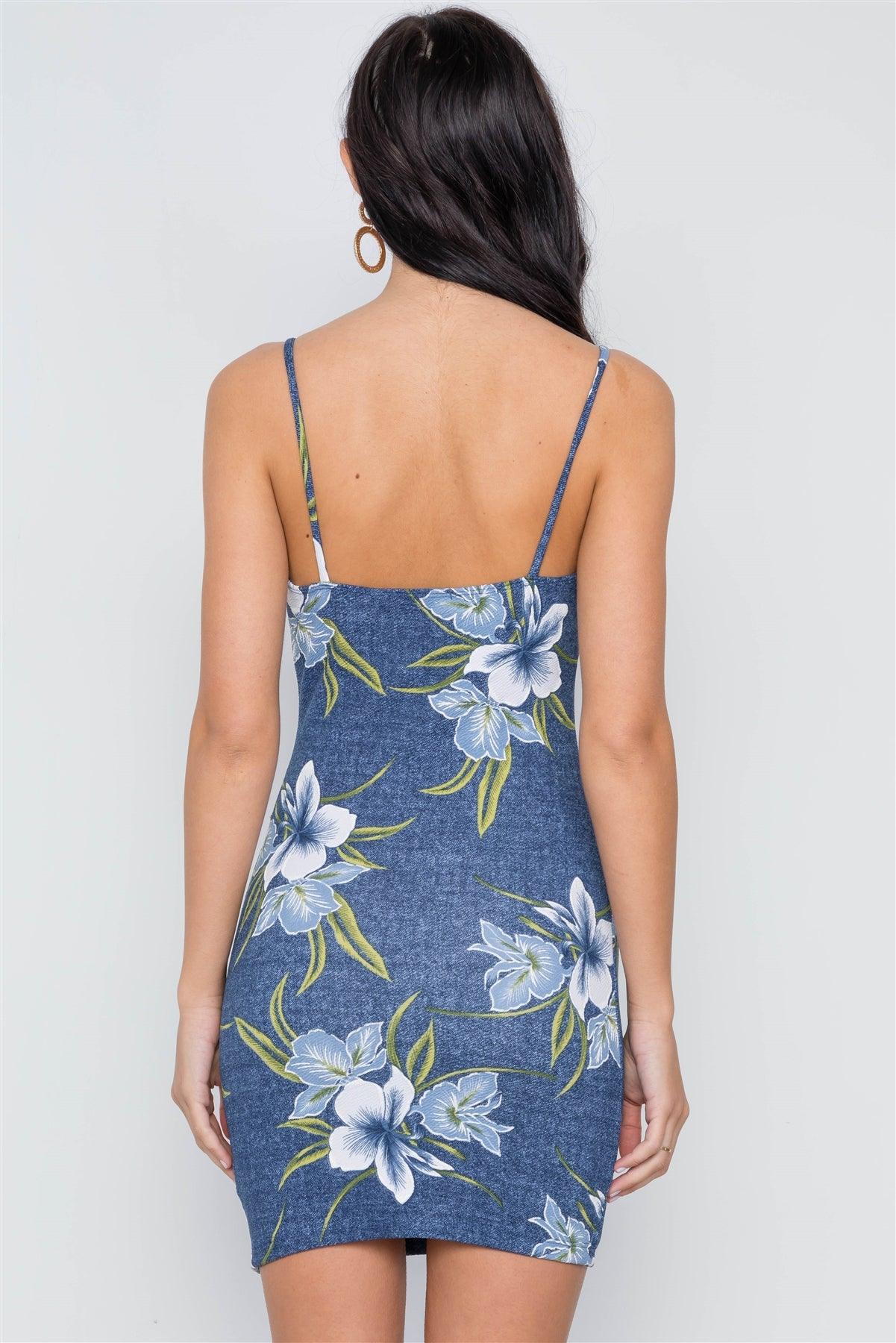 Denim Blue Tropical Floral Cami Bodycon Mini Dress /2-2-2