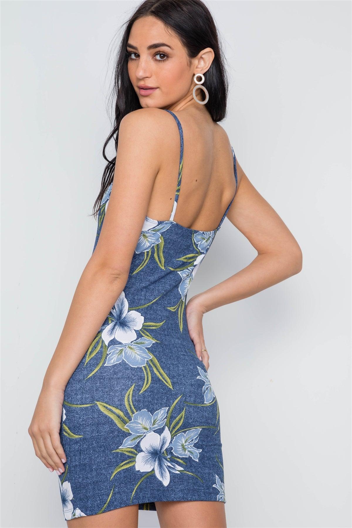 Denim Blue Tropical Floral Cami Bodycon Mini Dress /2-2-2
