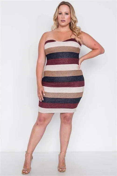 Plus Size Multi Stripe Strapless Bodycon Mini Dress - Tasha Apparel Wholesale