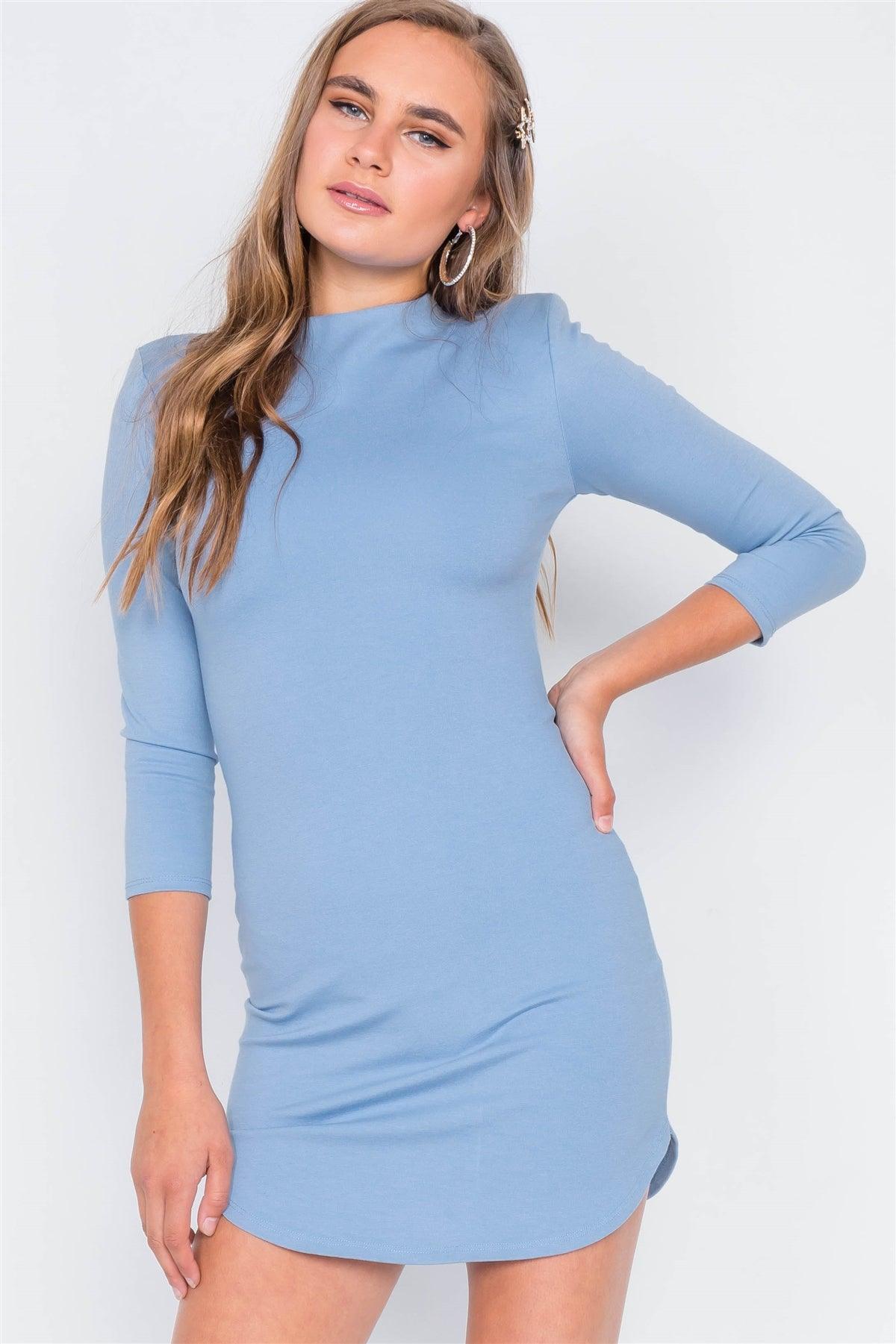 Blue Solid 3/4 Sleeve Bodycon Mini  Dress /3-2-1