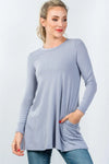 Blue Long Sleeve Back Keyhole Tunic Top / 3-2-1 - Tasha Apparel Wholesale