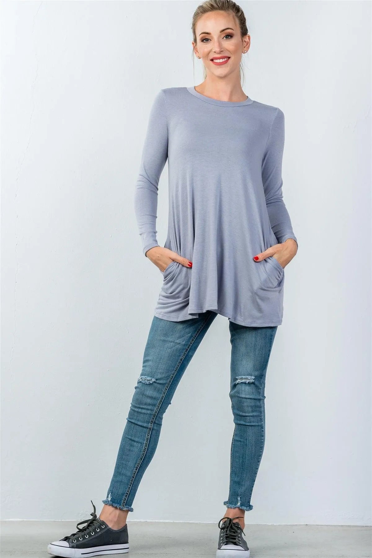 Blue Long Sleeve Back Keyhole Tunic Top / 3-2-1 - Tasha Apparel Wholesale