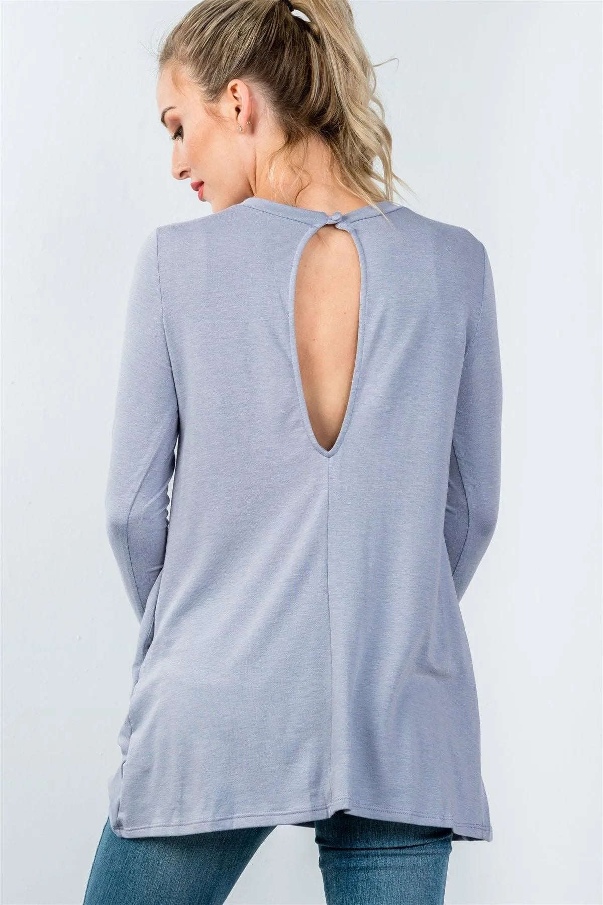 Blue Long Sleeve Back Keyhole Tunic Top / 3-2-1 - Tasha Apparel Wholesale