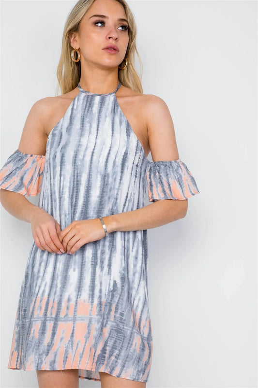 Grey Peach Tie Dye Flounce Sleeve Boho Dress /3-2-1 - Tasha Apparel Wholesale