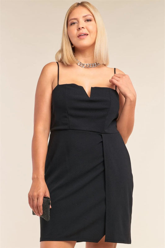 Junior Plus Size Black Sleeveless V-Shaped Front Detail Side Slit Tight Fit Mini Dress /2-2-2 - Tasha Apparel Wholesale