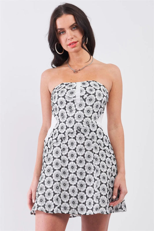 White & Black Floral Crochet Sleeveless Strapless Smock Back Detail Mini Dress /3-2 - Tasha Apparel Wholesale