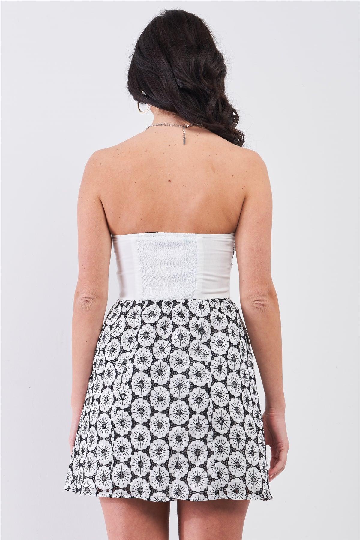 White & Black Floral Crochet Sleeveless Strapless Smock Back Detail Mini Dress /1-2-2-1