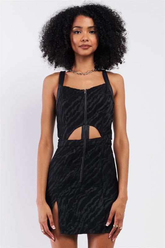 Black Zebra Print Sleeveless Soft V-Neck Front Vegan Leather Zipper Detail Cut Out Details Mini Dress /1-2-2-1 - Tasha Apparel Wholesale