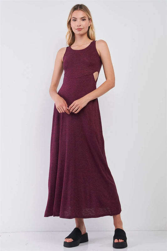Wine Sleeveless Round Neck Crochet Back Detail Cut-Out Maxi Dress /1-2-2-1 - Tasha Apparel Wholesale