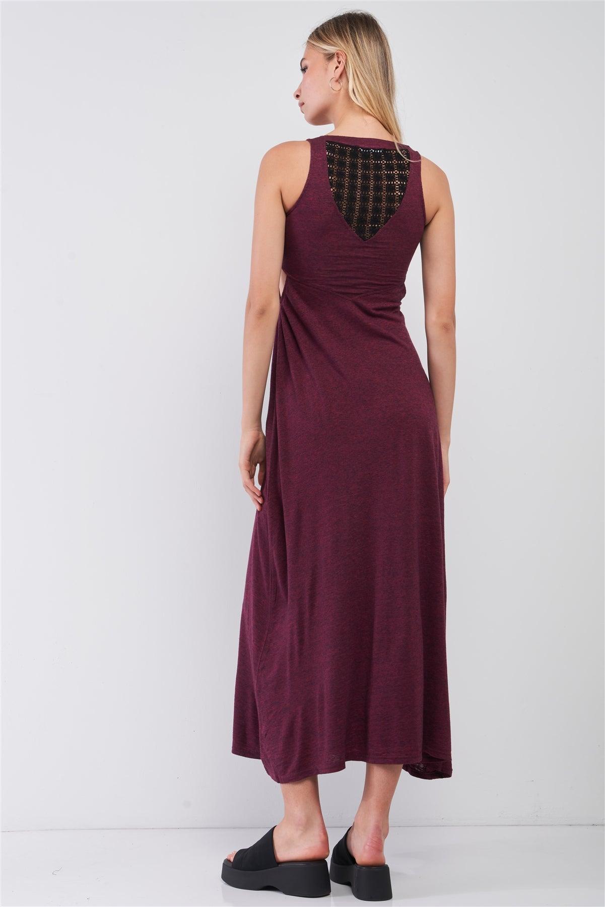 Wine Sleeveless Round Neck Crochet Back Detail Cut-Out Maxi Dress /1-2-2-1