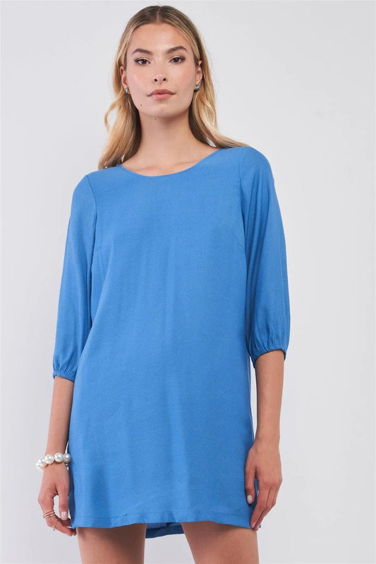 Azure Blue Balloon Sleeve Bow Back Detail Straight-Cut Loose Mini Dress /1-2-2-1 - Tasha Apparel Wholesale