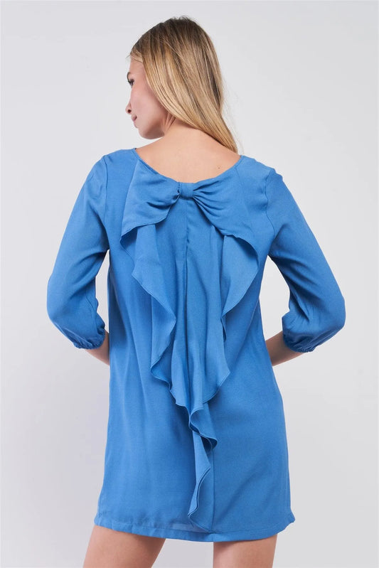 Azure Blue Balloon Sleeve Bow Back Detail Straight-Cut Loose Mini Dress /3-3 - Tasha Apparel Wholesale
