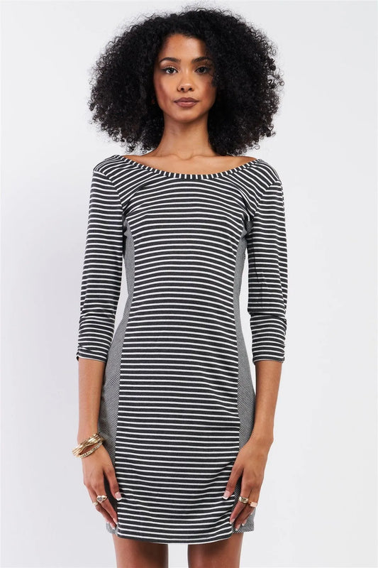 Heather Grey Multi-Striped Boat Neck 3/4 Sleeve Fitted Mini Dress /1-2-2-1 - Tasha Apparel Wholesale