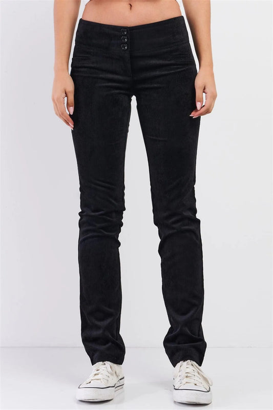 Black Retro Corduroy Mid-Rise Front Button Down Waist Detail Slim Fit Straight Pants /2-2-2 - Tasha Apparel Wholesale