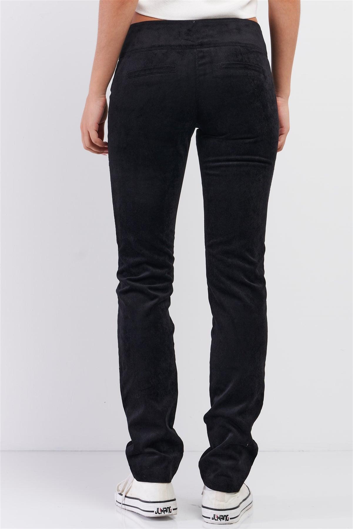 Black Retro Corduroy Mid-Rise Front Button Down Waist Detail Slim Fit Straight Pants /2-2-2