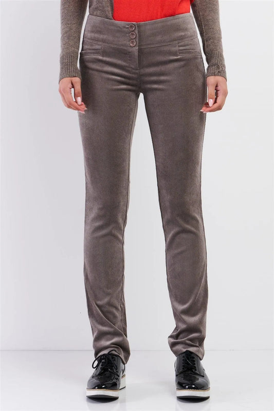 Mocha Brown Retro Corduroy Mid-Rise Front Button Down Waist Detail Slim Fit Straight Pants /2-2-2 - Tasha Apparel Wholesale