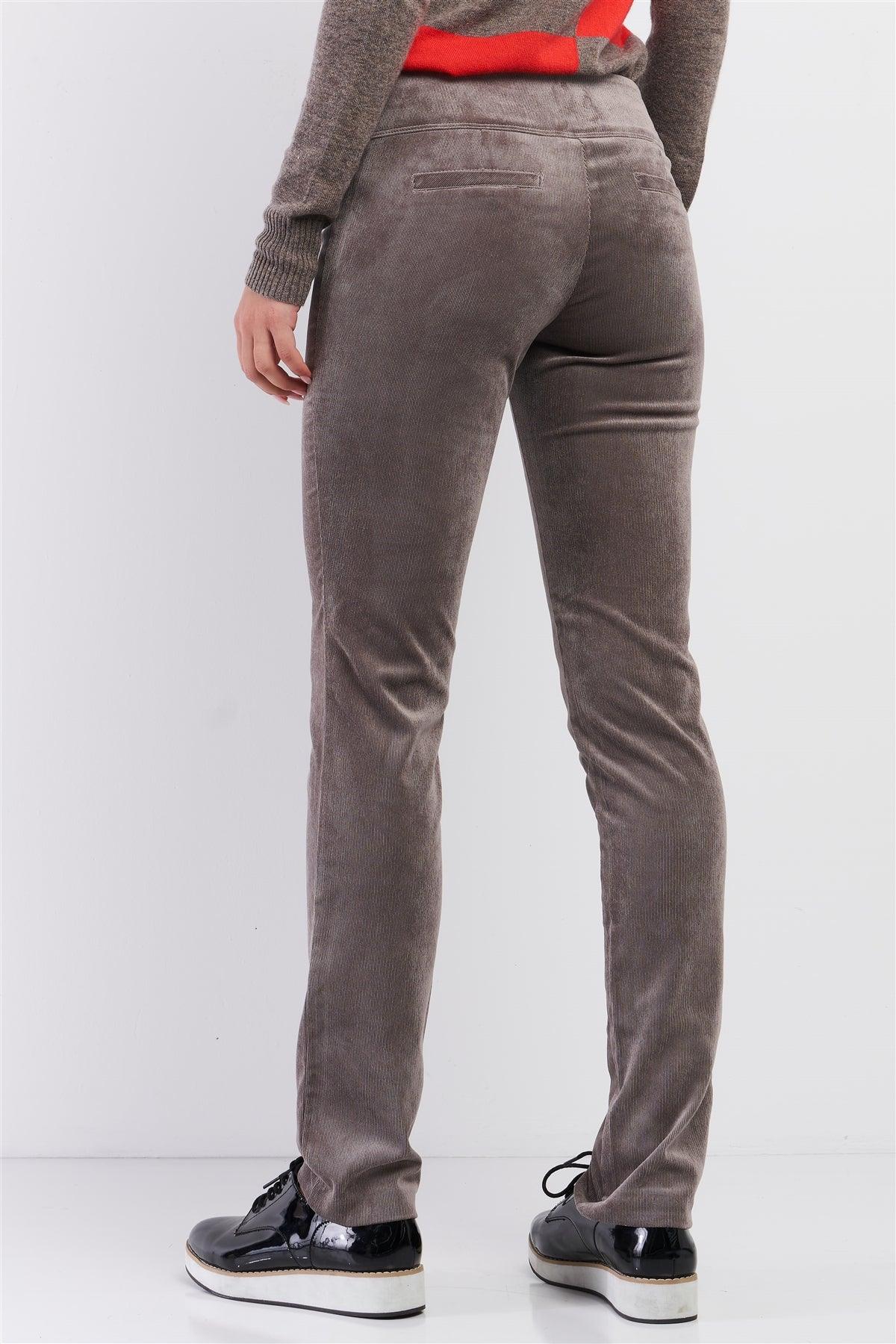 Mocha Brown Retro Corduroy Mid-Rise Front Button Down Waist Detail Slim Fit Straight Pants /2-2-2