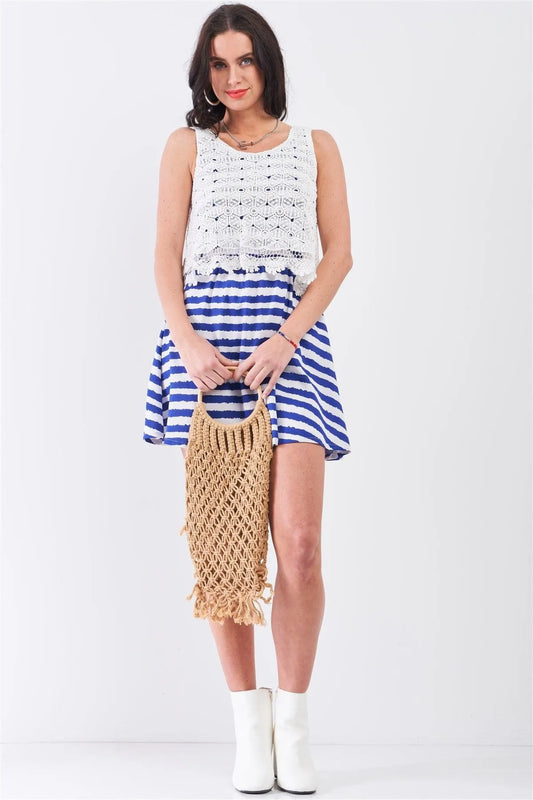 White & Navy Horizontal Striped Round Neck Sleeveless Floral Embroidery Layered Top Mini Dress /1-2-2-1 - Tasha Apparel Wholesale