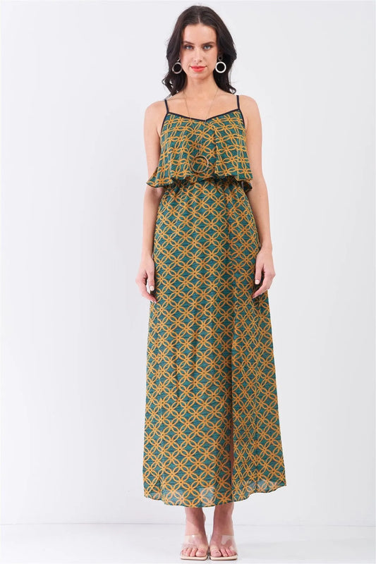 Mustard Multi Printed Sleeveless Criss-Cross Back Side Slit Detail Maxi Dress /1-3-1 - Tasha Apparel Wholesale