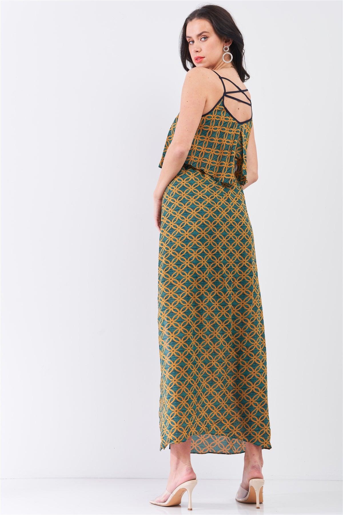 Mustard Multi Printed Sleeveless Criss-Cross Back Side Slit Detail Maxi Dress /1-3-1