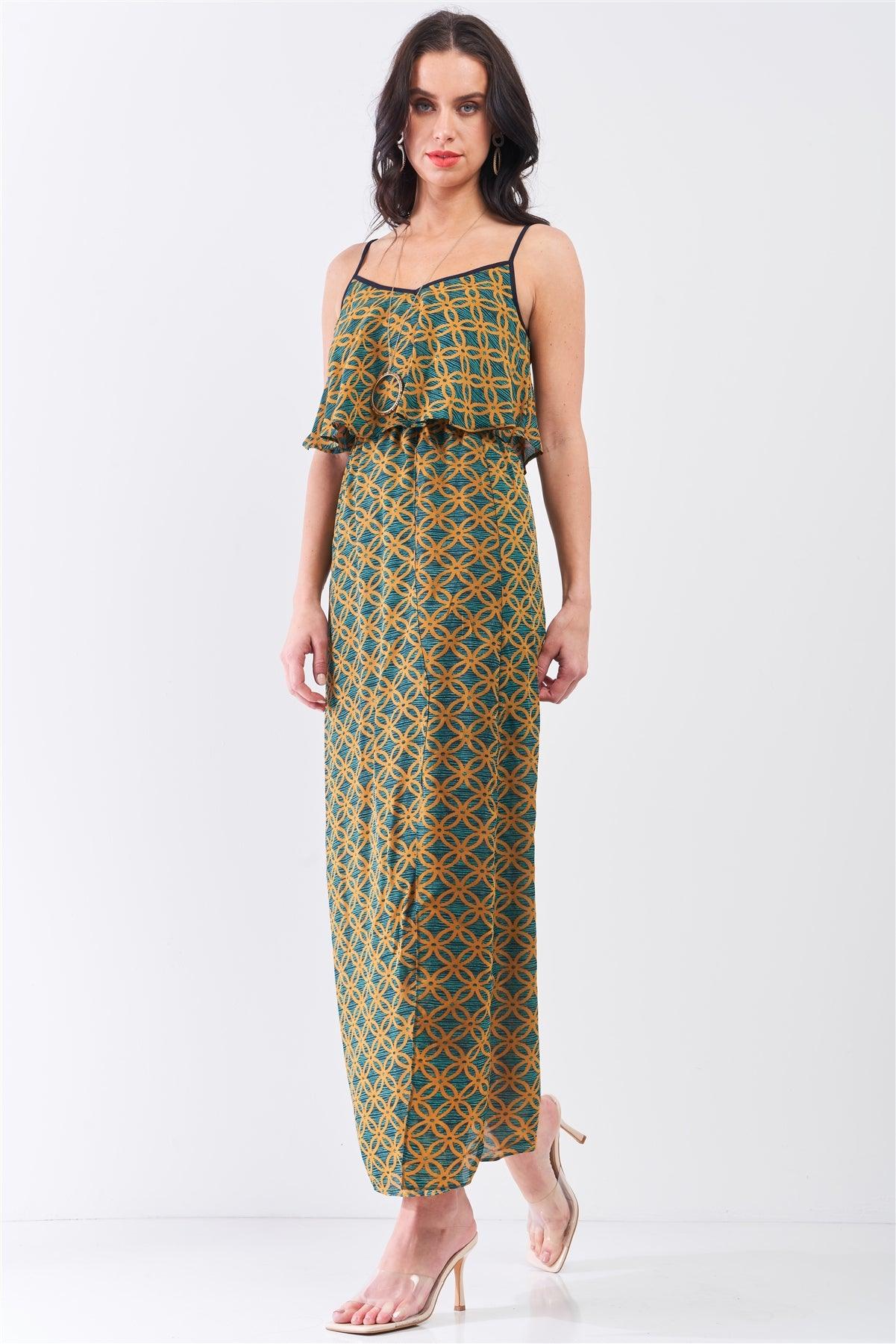 Mustard Multi Printed Sleeveless Criss-Cross Back Side Slit Detail Maxi Dress /1-3-1