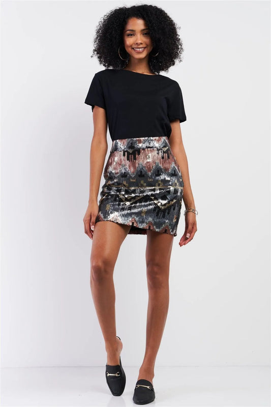 Black Multi Pattern Sequin High Waisted Mini Skirt /2-1-2 - Tasha Apparel Wholesale