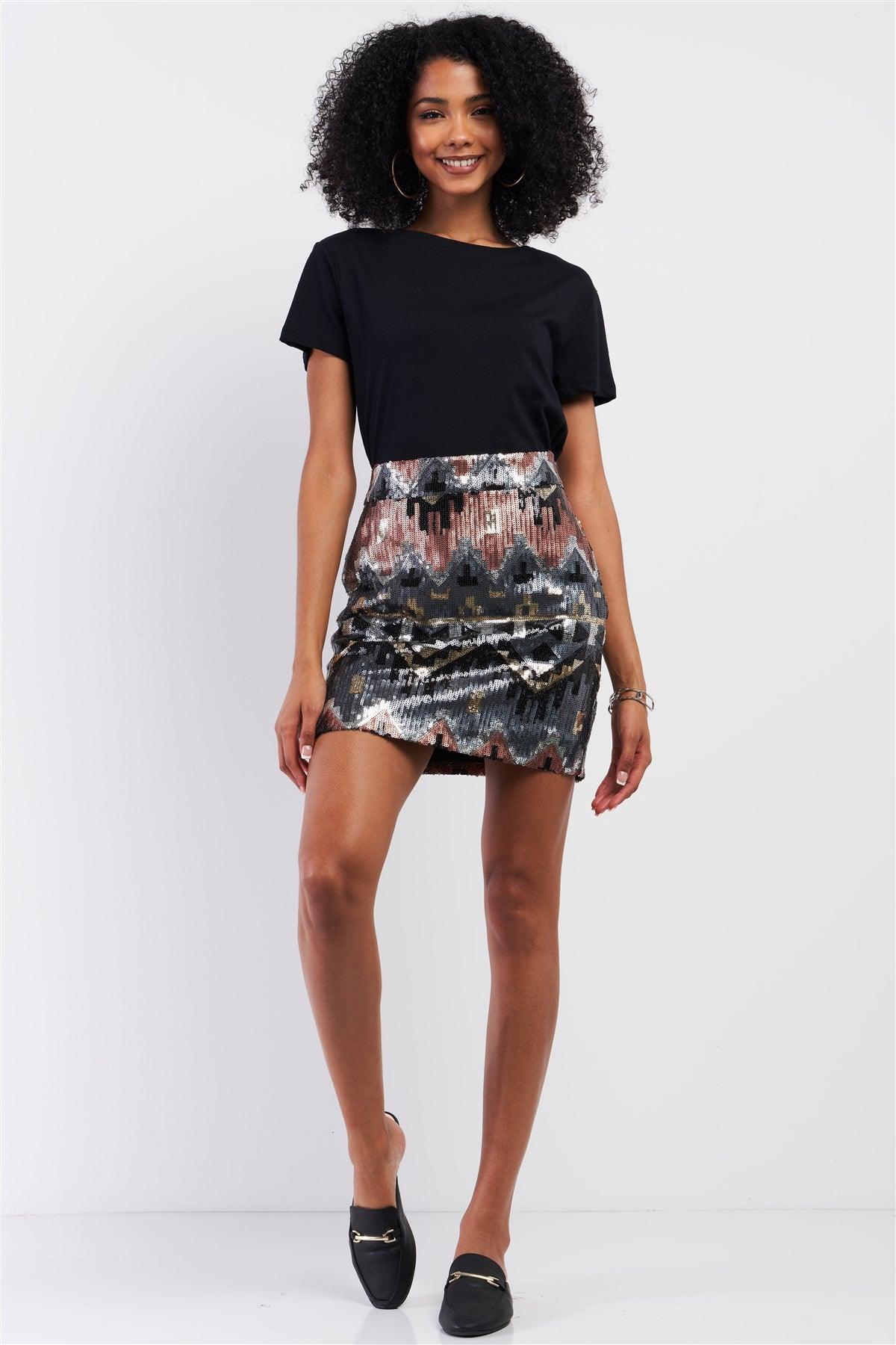Black Multi Pattern Sequin High Waisted Mini Skirt /1-2-2-1