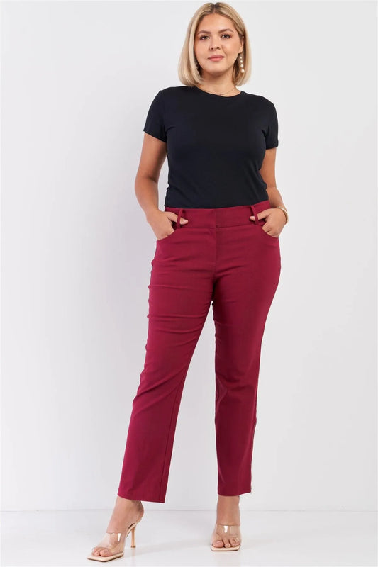 Junior Plus Earth-Red Mid-Rise Two Side Leg Zipper Pants /2-2-1 - Tasha Apparel Wholesale