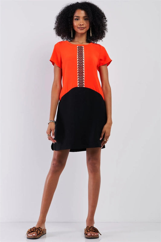 Neon Orange & Black Color Block Front Geometrical Pattern Detail Relaxed Fit Round Neck Short Sleeve Mini Dress /1-1-2 - Tasha Apparel Wholesale