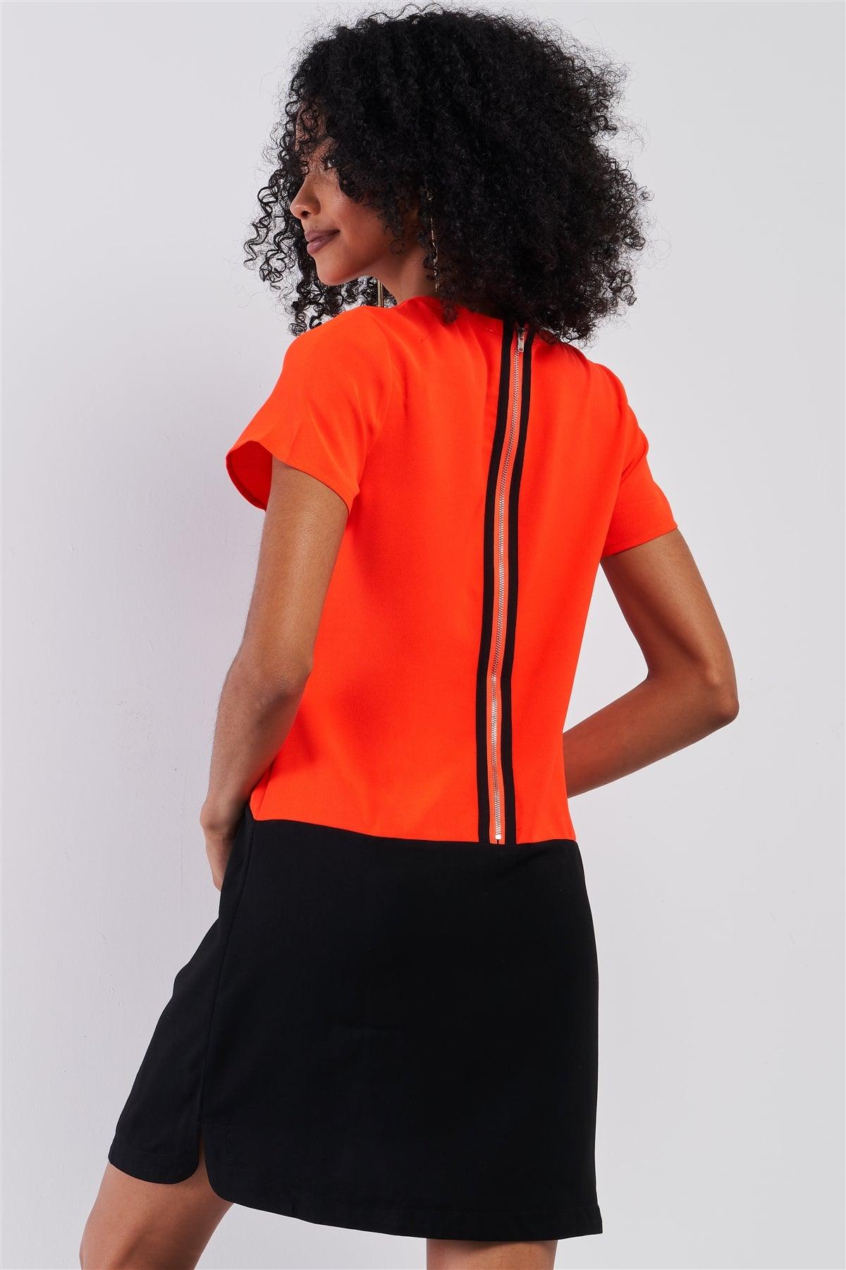 Neon Orange & Black Color Block Front Geometrical Pattern Detail Relaxed Fit Round Neck Short Sleeve Mini Dress /1-1-2
