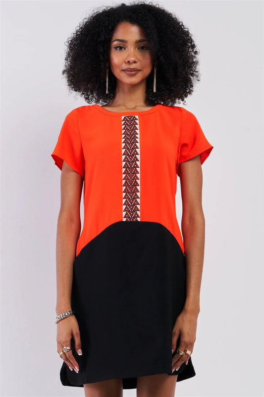 Neon Orange & Black Color Block Front Geometrical Pattern Detail Relaxed Fit Round Neck Short Sleeve Mini Dress /1-3-1 - Tasha Apparel Wholesale