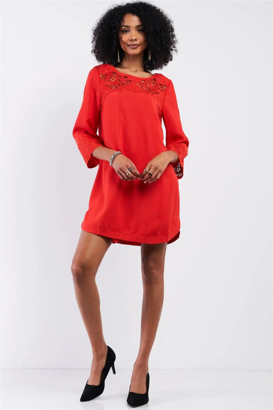 Red Crochet Embroidery Relaxed Fit Round Neck 3/4 Sleeve Mini Dress/2-2-1 - Tasha Apparel Wholesale