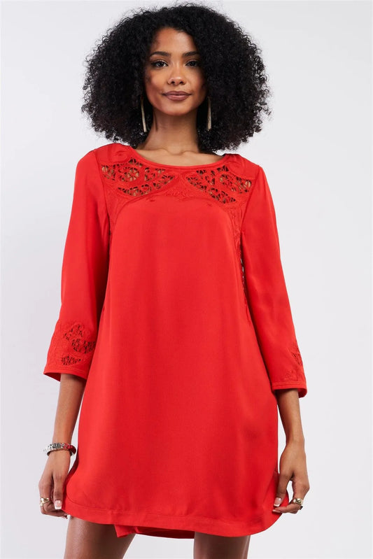 Red Crochet Embroidery Relaxed Fit Round Neck 3/4 Sleeve Mini Dress /2-3-1 - Tasha Apparel Wholesale