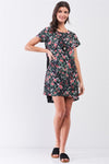 Black Multicolor Floral Print Pleated Back Detail Relaxed Mini Dress /2-1-3