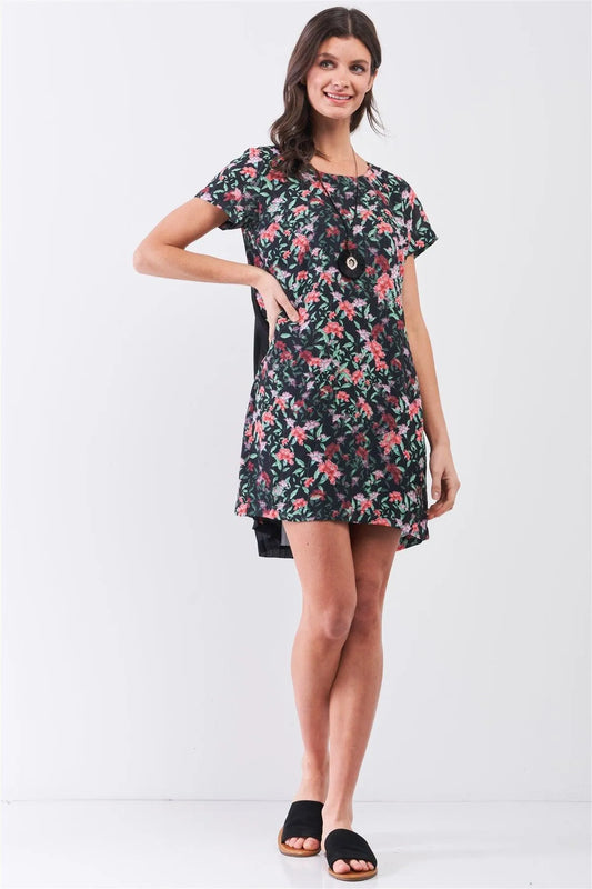 Black Multicolor Floral Print Pleated Back Detail Relaxed Mini Dress /2-1-3 - Tasha Apparel Wholesale