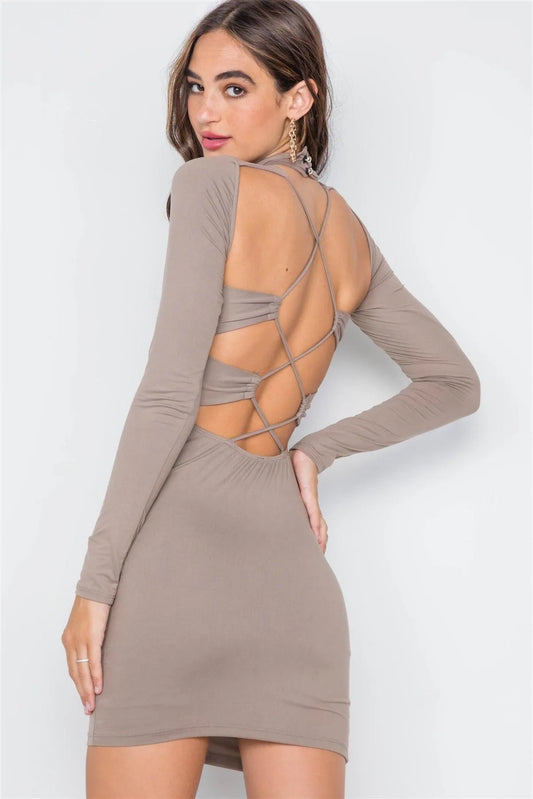 Tan Solid Open Back Bodycon Mini Dress - Tasha Apparel Wholesale