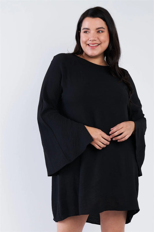 Plus Size Black Retro Chic Full Slit Sleeve Mini Dress /2-2-2 - Tasha Apparel Wholesale