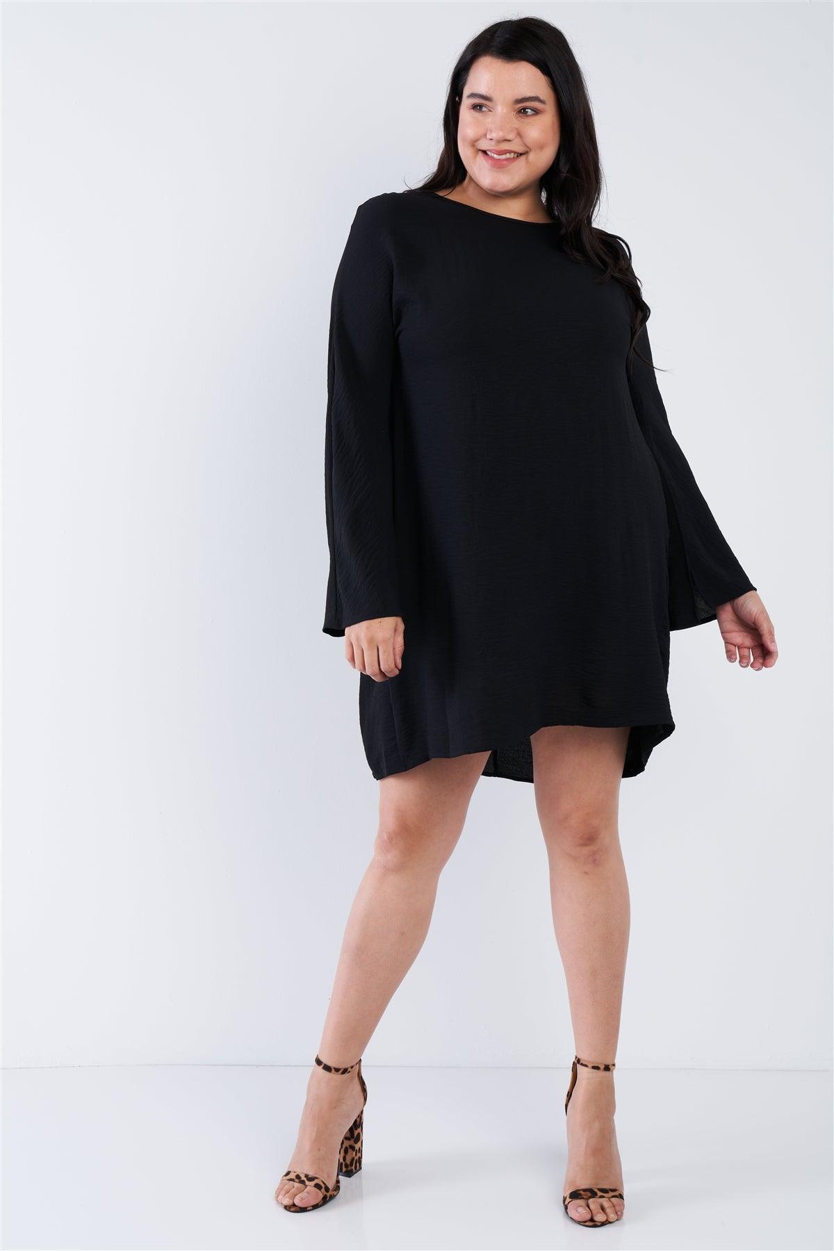 Plus Size Black Retro Chic Full Slit Sleeve Mini Dress  /2-2-2