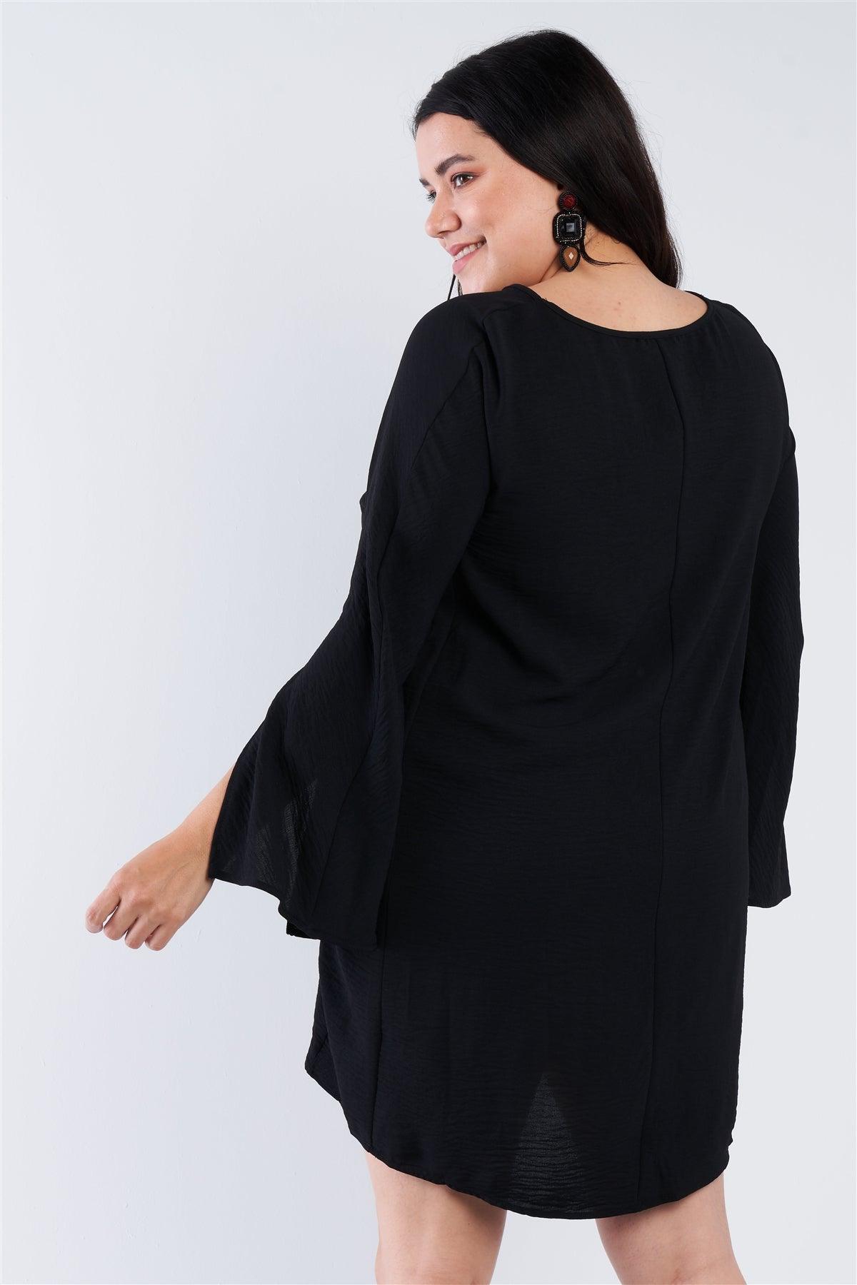 Plus Size Black Retro Chic Full Slit Sleeve Mini Dress   /2-3-2