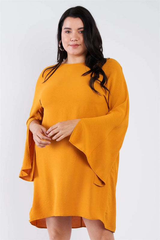 Plus Size Mustard Yellow Retro Chic Full Slit Sleeve Mini Dress /1-2-1 - Tasha Apparel Wholesale