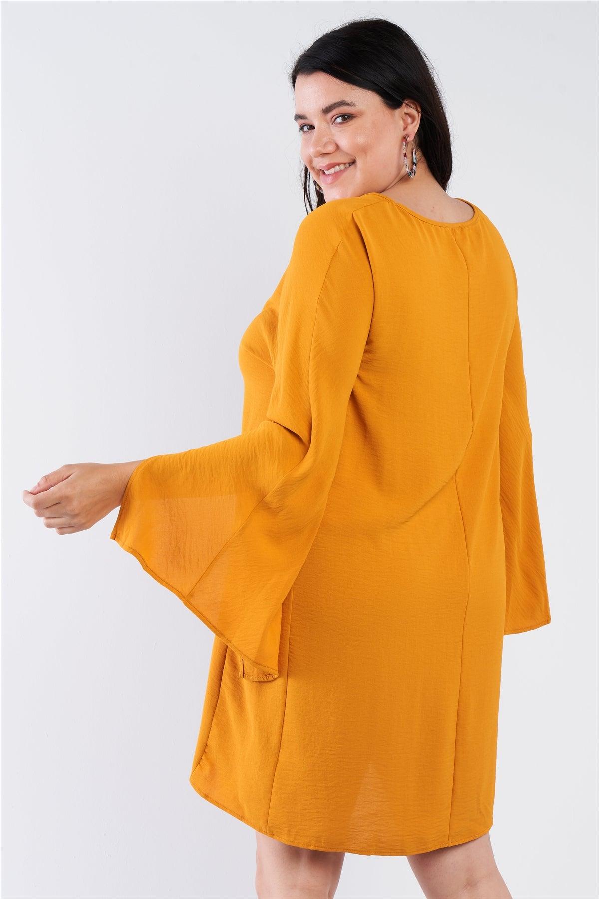 Plus Size Mustard Yellow  Retro Chic Full Slit Sleeve Mini Dress  /1-2-1