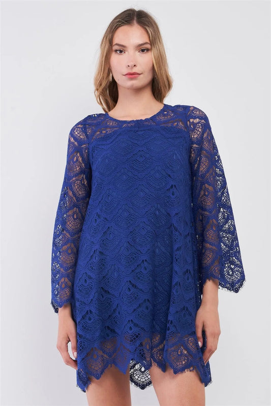 Royal Blue Crochet Lace Round Neck Long Bell Sleeve Zigzag Hem Loose Fit Mini Dress /2-3-1 - Tasha Apparel Wholesale