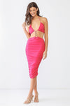 Hot Pink Mesh Ruched O-Ring Detail Halter Triangle Top Midi Dress /3-2-1