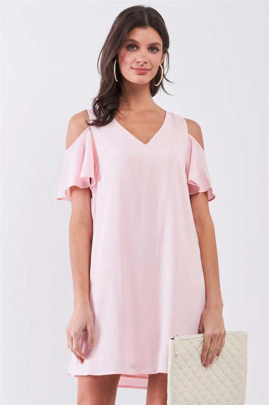 Blush Relaxed Fit V-Neck Cut-Out Shoulder Sleeve Detail Mini Dress - Tasha Apparel Wholesale