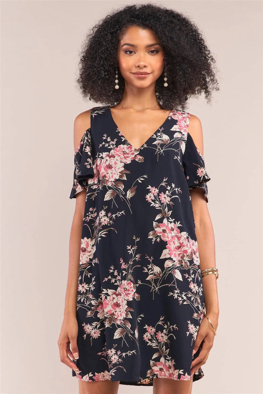 Navy Floral Print Relaxed Fit Off-The-Shoulder Short Sleeve V-Neck Mini Dress /1-2-1 - Tasha Apparel Wholesale
