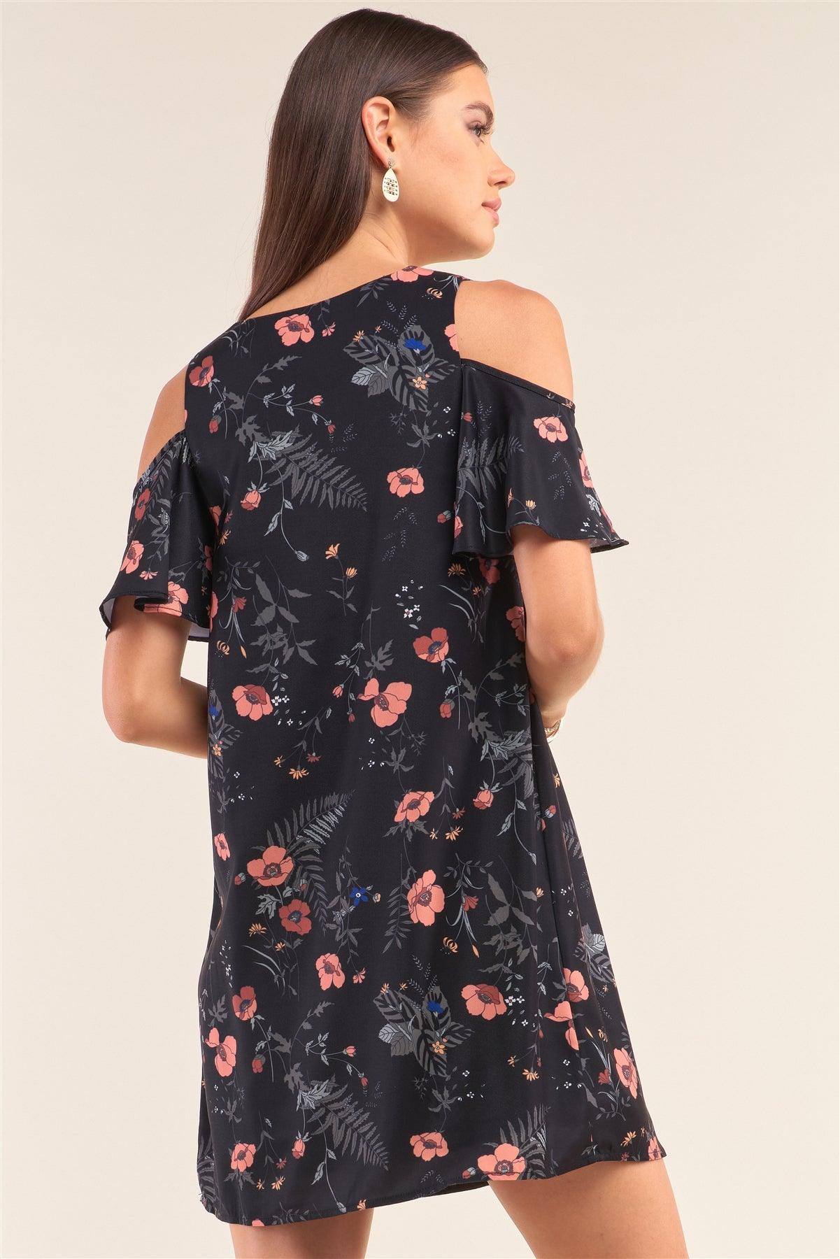 Black Floral Print Relaxed Fit V-Neck Cut-Out Shoulder Sleeve Detail Mini Dress /1-2-2-1