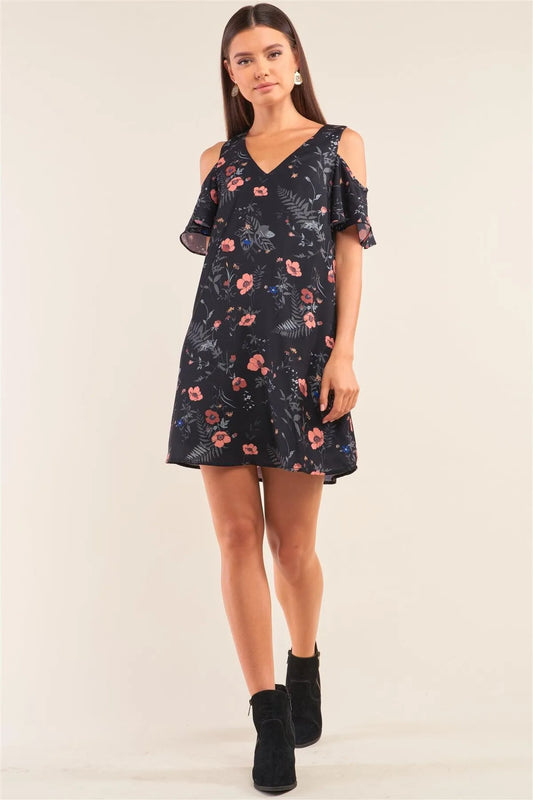 Black Floral Print Cut-Out Shoulder Mini Dress - Tasha Apparel Wholesale